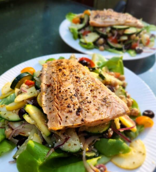 Grilled Salmon Greek Salad OR Grilled Halibut Greek Salad
