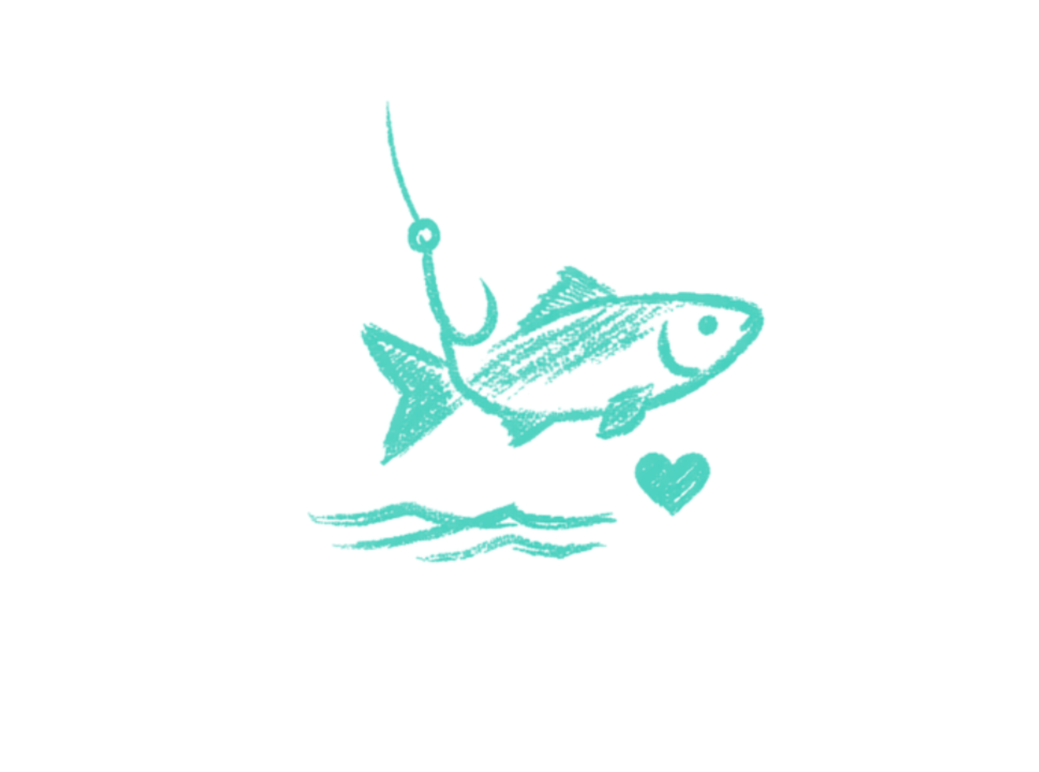 Illustration of a fish being hooked with a heart in the water on a white background