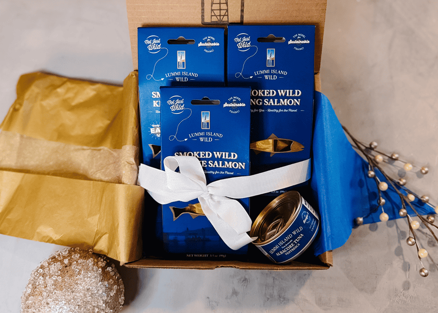 Smoked Wild Sockeye, King and Keta Salmon, and luxurious albacore tuna ventresca in a board-ready gift box.