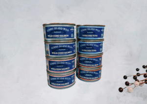 Canned wild salmon and tuna collection gift wrapped makes a perfect gift for athletes and people on the go. Luxurious tinned fish.