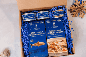 Smoked wild salmon, canned salmon and tuna, and smoked salmon chowder variety pack sampler gift box