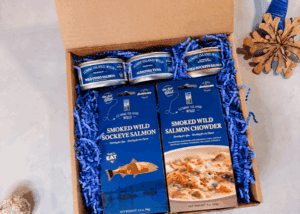 Smoked wild salmon, canned salmon and tuna, and smoked salmon chowder variety pack sampler gift box
