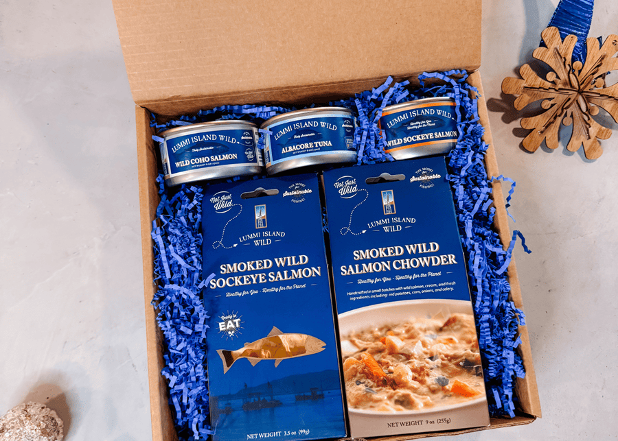 Smoked wild salmon, canned salmon and tuna, and smoked salmon chowder variety pack sampler gift box